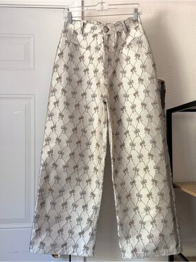 SHORT WAVE beige grey taupe bow satin jacquard wide leg high rise trousers